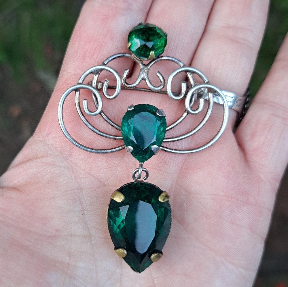 1940s Sterling Green Glass Brooch